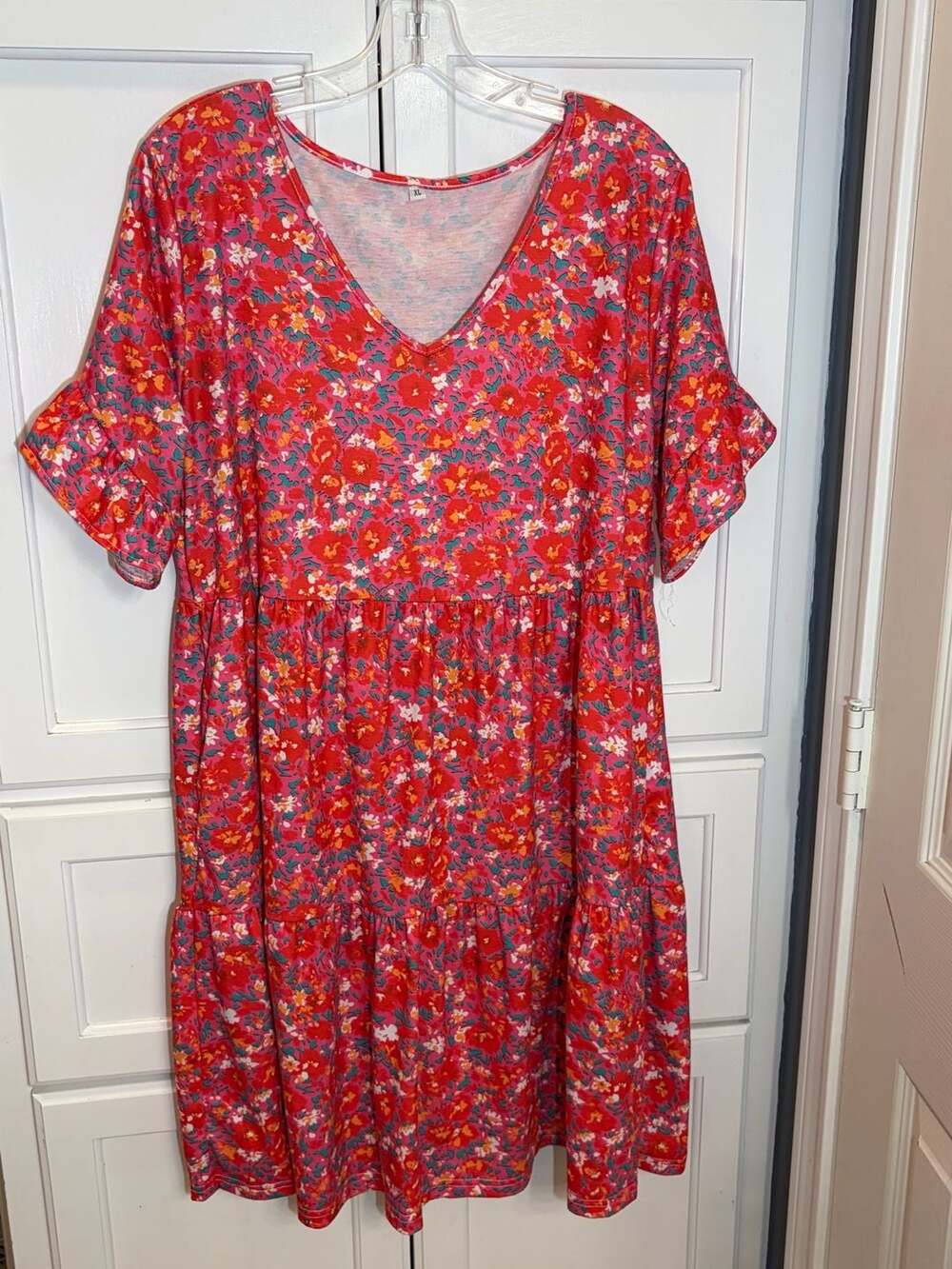 Casual comfortable summer Pink Floral V-Neck Tiered Babydoll Dress XL